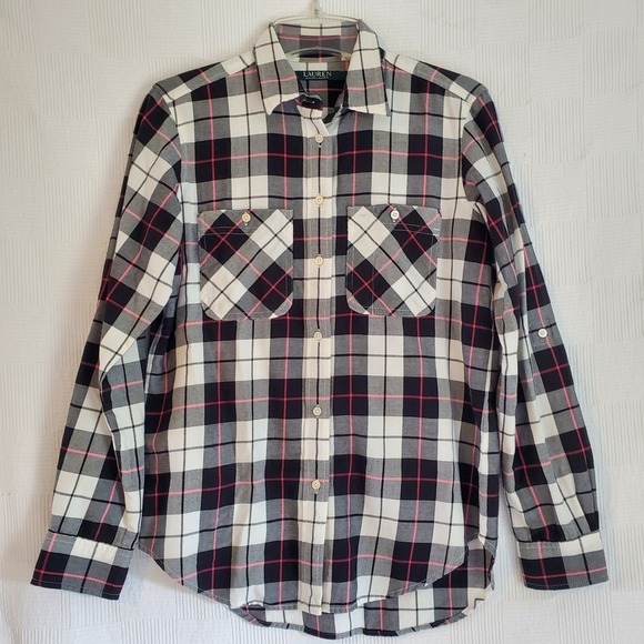 Lauren Ralph Lauren Plaid Flannel Shirt Roll Tab Pockets Womens Small - Picture 1 of 8